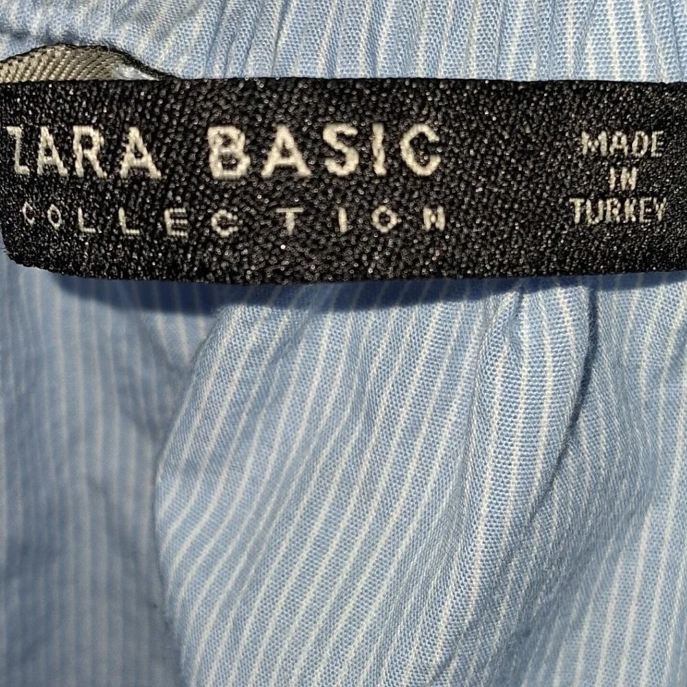 Zara Basic Blue Pinstripe Off Shoulder Embroidered Puff Sleeve Blouse Small